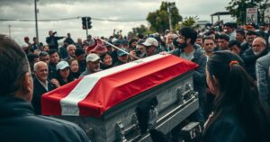 A solemn funeral procession on the streets of Montevideo, with a casket draped in a flag amidst a backdrop of mourning crowds.