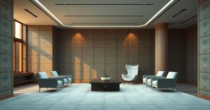 A tense diplomatic meeting scene with abstract shapes symbolizing conflict and resolution in muted colors.