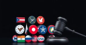 Mali political party symbols overshadowed by a gavel representing legal challenges, with a dark color scheme.