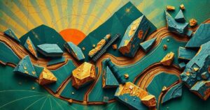 An abstract representation of exploration efforts with a vibrant color scheme of greens and golds, depicting mineral resources.