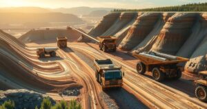 A vibrant illustration of a copper mine with trucks and machinery in a dynamic landscape showing investment growth.