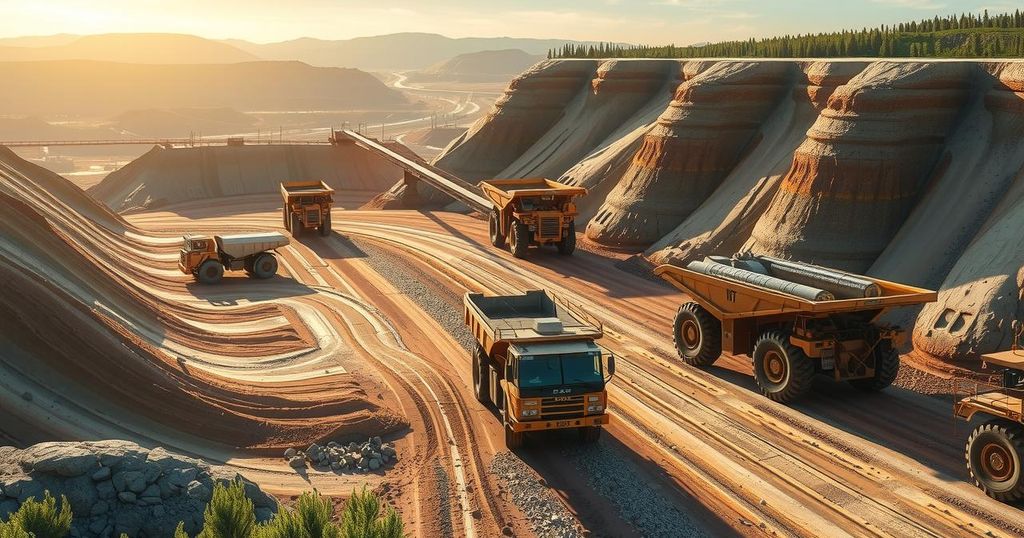 A vibrant illustration of a copper mine with trucks and machinery in a dynamic landscape showing investment growth.