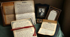 Historical documents and personal items representing a legendary spy's legacy in a dramatic setting.