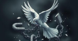 A symbolic representation of global unity with a peaceful dove and broken chains against a dark background.