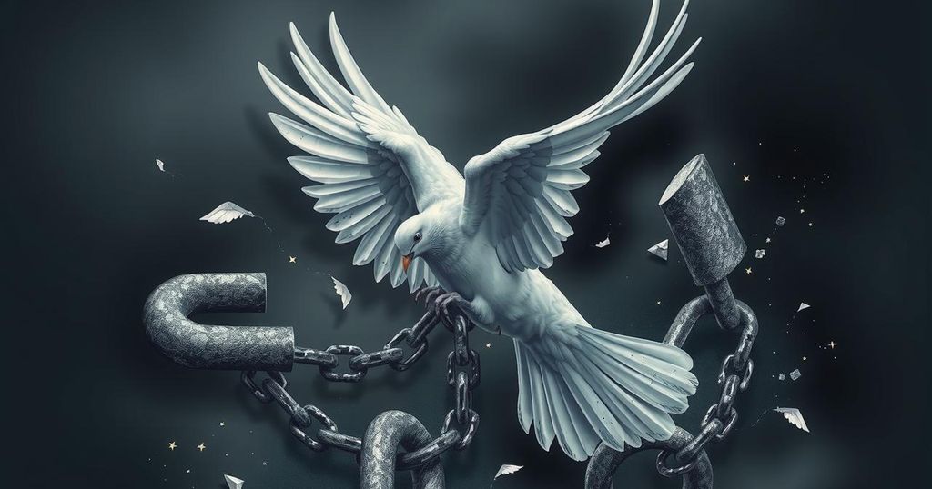 A symbolic representation of global unity with a peaceful dove and broken chains against a dark background.