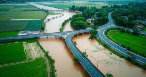 A serene landscape depicting flooded fields and highways surrounded by greenery after heavy rainfall.