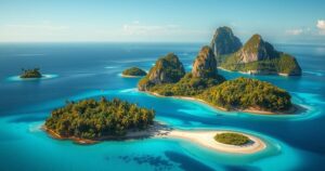 An illustration of the Mbanie, Conga, and Cocoteros islands in a vibrant tropical setting with blue waters.