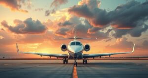 An intricate aircraft on a runway with a backdrop of a dramatic sky, depicted in a realistic style with warm color tones.