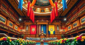 Ecuadorian National Assembly during presidential inauguration with symbolic decorations and a festive atmosphere.