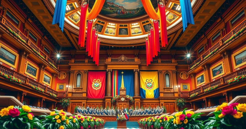 Ecuadorian National Assembly during presidential inauguration with symbolic decorations and a festive atmosphere.