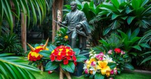 Floral tributes at a historical site in Guyana with vibrant greenery and a bronze statue backdrop.