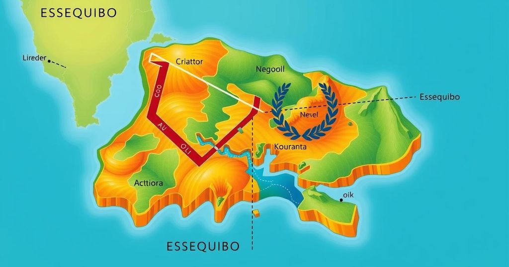 An illustrated map showing the Essequibo region with dotted borderlines, symbolizing territorial dispute and diplomacy.