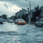 A flooded street with submerged vehicles during heavy rainfall in Accra, Ghana, highlighting the impact of severe weather.