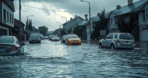 A flooded street with submerged vehicles during heavy rainfall in Accra, Ghana, highlighting the impact of severe weather.