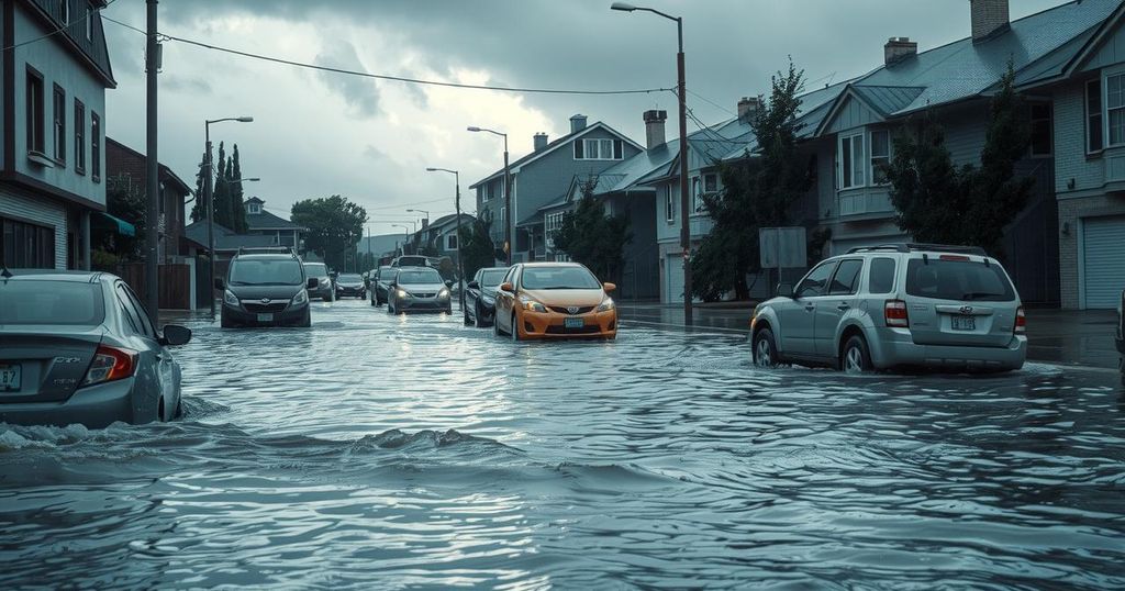 A flooded street with submerged vehicles during heavy rainfall in Accra, Ghana, highlighting the impact of severe weather.
