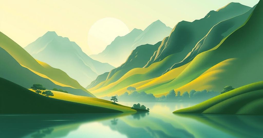 A serene landscape depicting peace negotiations with lush greenery and warm colors symbolizing harmony.