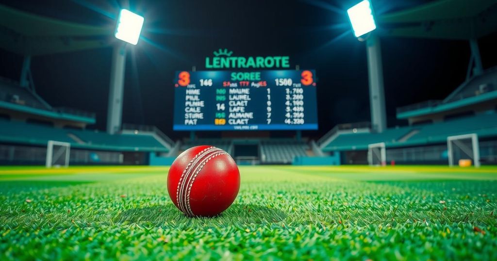 Cricket ball resting on a freshly mown green pitch under bright stadium lights with scoreboard in the backdrop.