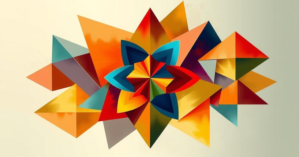 A vibrant art piece illustrating unity in diversity with abstract shapes and harmonious colors representing prosperity.