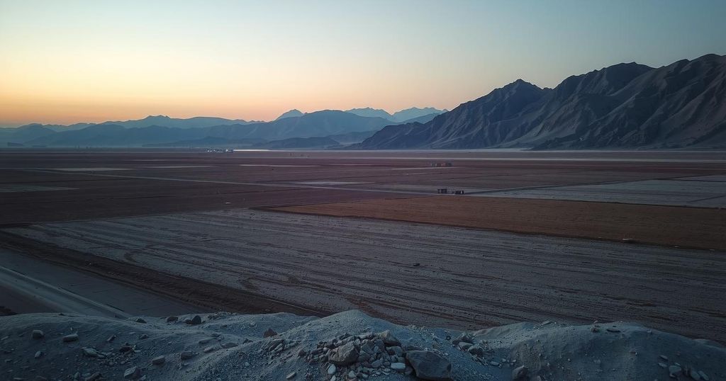 A desolate landscape in Afghanistan symbolizing low hope and well-being after recent conflicts, with muted colors and twilight hues.