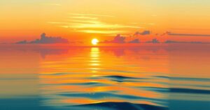 A dramatic sunset over tranquil waters symbolizing peace and conflict resolution, with warm colors blending harmoniously.