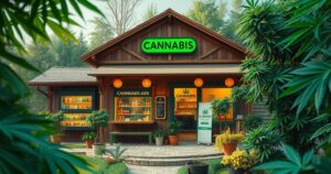 Tightened cannabis regulations in Thailand, with dispensaries and medicine symbolizing medical use and restrictions.