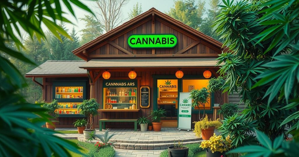 Tightened cannabis regulations in Thailand, with dispensaries and medicine symbolizing medical use and restrictions.
