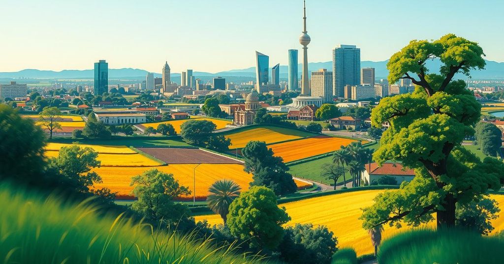 A vibrant landscape depicting Uruguayan rural and urban life, showcasing a farm and a city skyline, in a bright color scheme.