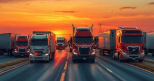 Trucks lined up on a road, symbolizing a strike, with a sunset backdrop in warm hues.
