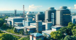 A vibrant industrial zone with semiconductor factories under a clear blue sky, showcasing modern architecture and greenery.