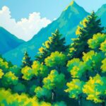 Landscape depicting vibrant climate shifts with lush green forests and vivid blue skies representing environmental change.