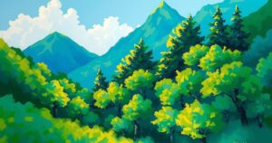 Landscape depicting vibrant climate shifts with lush green forests and vivid blue skies representing environmental change.