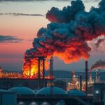 A large oil refinery with a towering plume of smoke against a twilight sky, showcasing dramatic industrial elements.