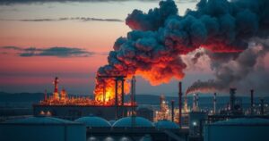 A large oil refinery with a towering plume of smoke against a twilight sky, showcasing dramatic industrial elements.