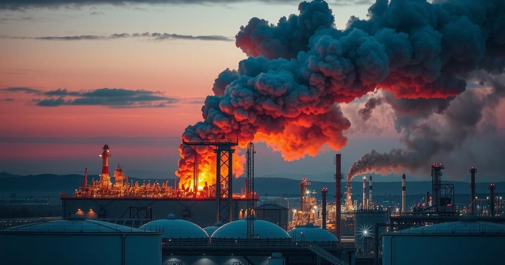 A large oil refinery with a towering plume of smoke against a twilight sky, showcasing dramatic industrial elements.