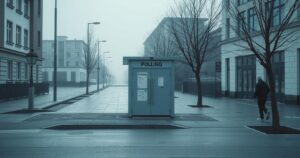 An empty polling station with no voters on election day, reflecting a political boycott in a subdued atmosphere.