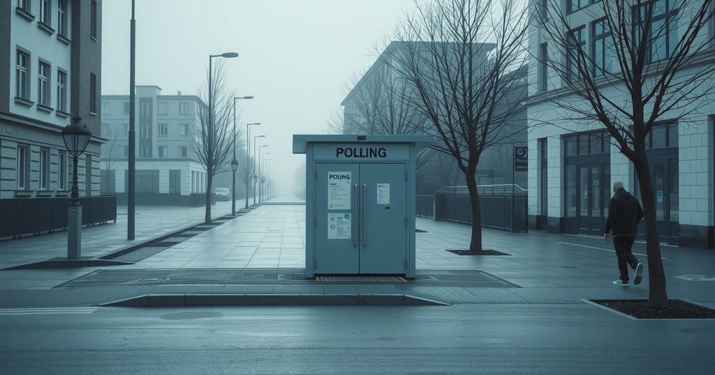 An empty polling station with no voters on election day, reflecting a political boycott in a subdued atmosphere.