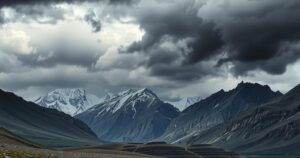 A dramatic landscape of Bolivia's Andes mountains with stormy skies, symbolizing political tension and turmoil.