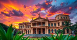 Colombian legislative building with a dramatic sunset, symbolizing political debates and labor reforms.