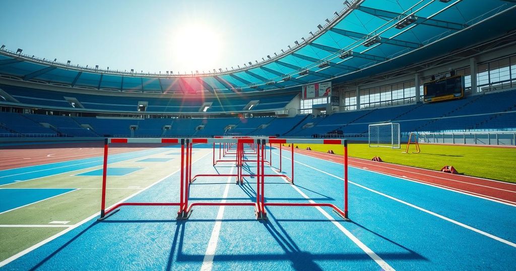 A vibrant training scene in a sports facility, featuring hurdles and track, symbolizing athletic growth and international cooperation.