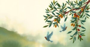 A symbolic representation of unity and reconciliation in Libya with olive branches and doves in soft green tones.