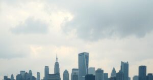 A cloudy sky over a cityscape with silhouetted buildings and soft raindrops, evoking a contemplative mood.