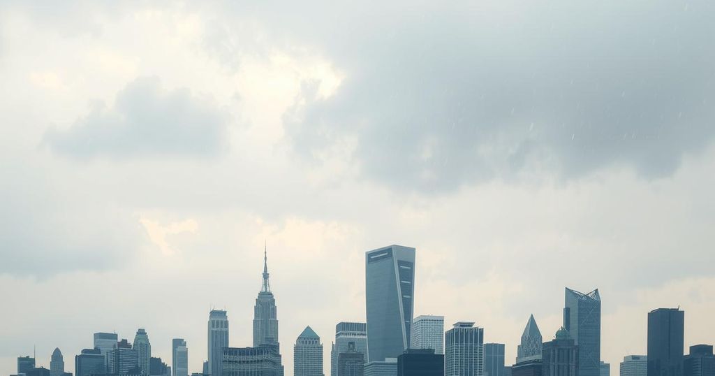 A cloudy sky over a cityscape with silhouetted buildings and soft raindrops, evoking a contemplative mood.