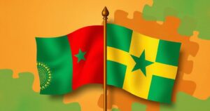 A representation of diplomatic cooperation in West Africa with flags and symbols of Senegal and Burkina Faso.