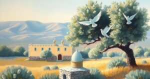 A peaceful landscape with olive trees and doves representing hope and diplomacy in the Middle East.