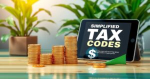 A symbolic representation of tax reform featuring stacks of coins, a digital tablet displaying tax codes, and greenery.