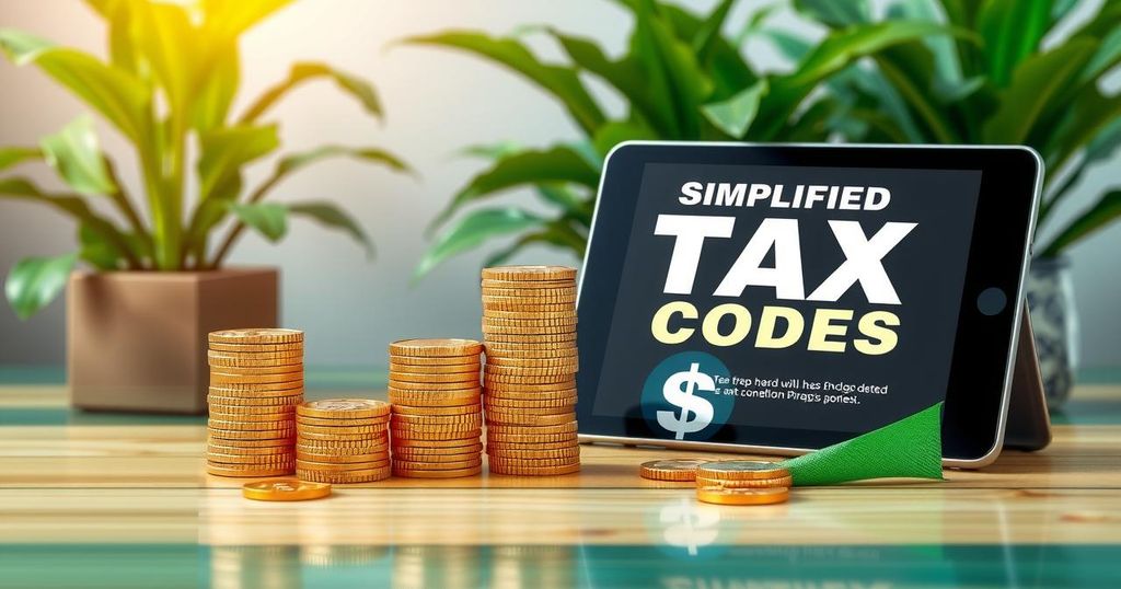A symbolic representation of tax reform featuring stacks of coins, a digital tablet displaying tax codes, and greenery.