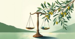 Diplomatic dialogue symbolized by a serene landscape with olive branches and scales of justice, representing peace and cooperation.