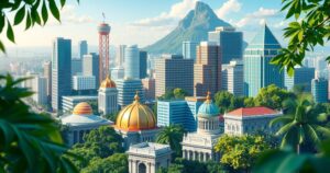 A vibrant cityscape of Brazil featuring symbols of finance and economy with lush greenery and a sunny sky.