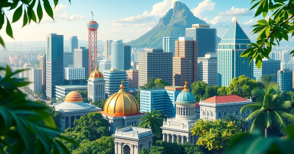 A vibrant cityscape of Brazil featuring symbols of finance and economy with lush greenery and a sunny sky.