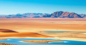 A tranquil Namibian landscape featuring vast desert, mountains, and blue skies, symbolizing hope and resilience.